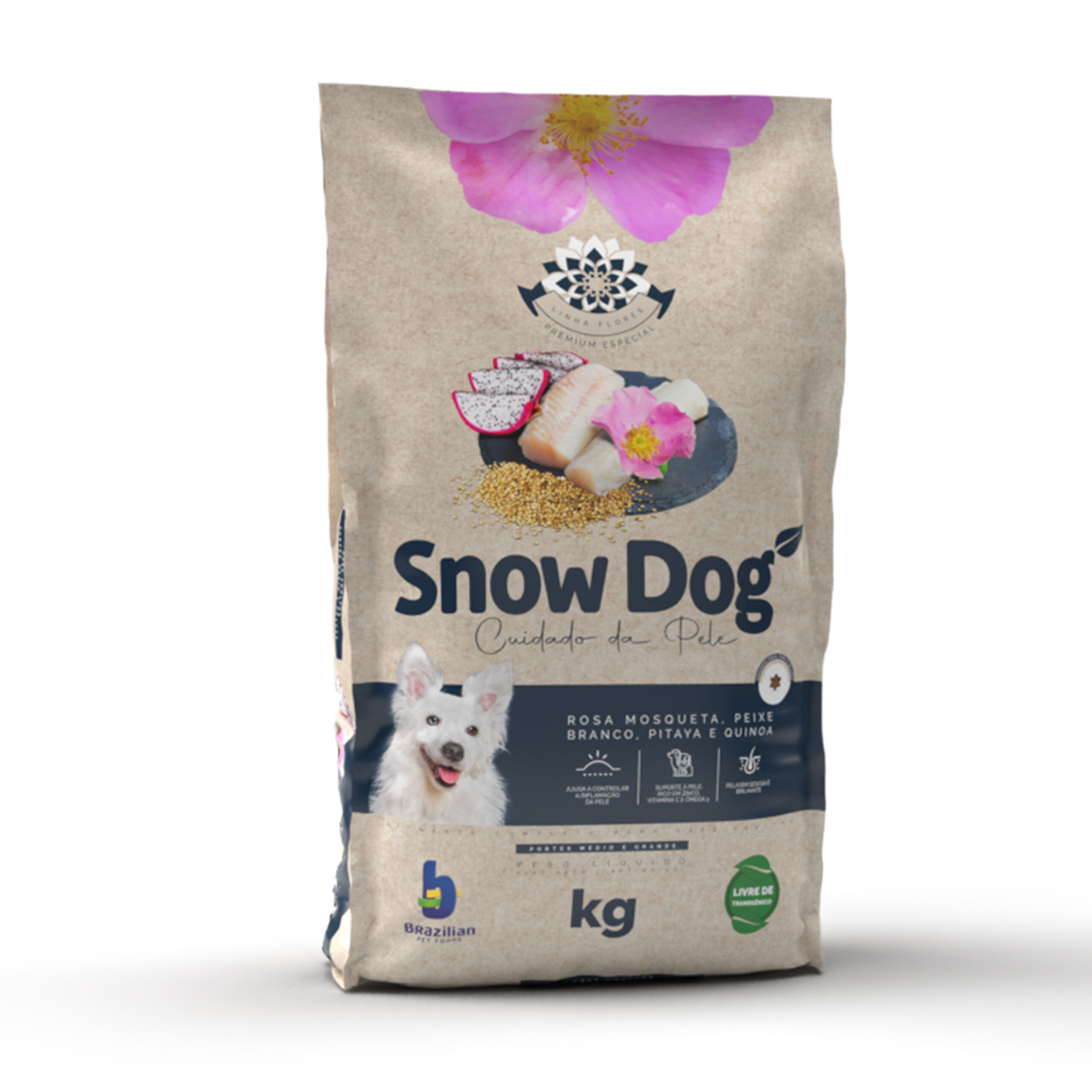 Ração de rosa mosqueta, peixe branco, pitaya e quinoa